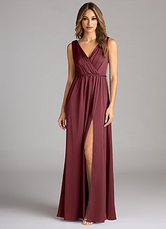 Azazie Tanicia Bridesmaid Dresses Merlot A-Line Pleated Stretch Satin Dress image3