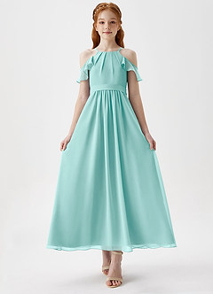 Azazie Chaya Junior Aqua A-Line Off the Shoulder Chiffon Dress image4