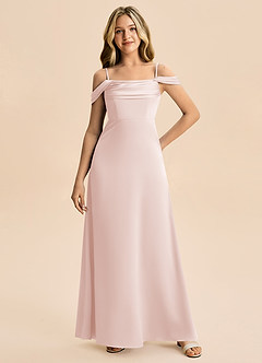 Azazie Lettie Junior Vestido Rosa Corado de Cetim elástico de Linha A com Fora do ombro image4