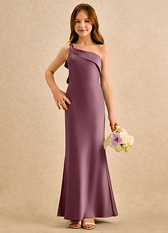Azazie Almond Girls Formal Jurken voor bloemenmeisjes Kokerjurk Jurk van Stretch Satijn One-shoulder Amethist image4