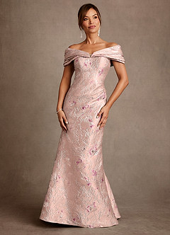 Azazie Adrian Coral Jacquard Sheath Off the Shoulder Floral