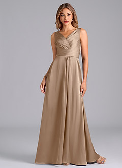 Azazie Karina Bridesmaid Dresses Taupe A-Line Pleated Stretch Satin Dress image4