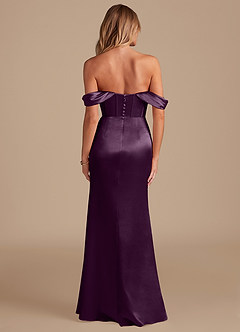 Azazie Asha Bridesmaid Dresses Plum Sheath Off the Shoulder Metallic Satin Dress image7
