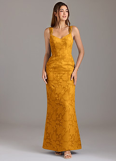 Azazie Denice Bridesmaid Dresses Butterscotch A-Line Pleated Floral Burnout Dress image1