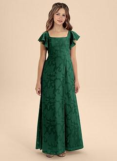 Azazie Bondi Junior Vestido de Verde Oscuro de Devorado Floral de Corte en A con Lazo image5