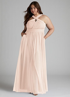 Azazie Hillian Bridesmaid Dresses Blushing Pink A-Line Halter Pleated Mesh Dress image8