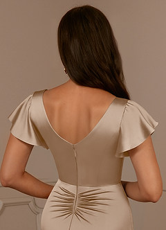 Azazie Roya Mother of the Bride Dresses Taupe Mermaid V-Neck Pleated Stretch Satin Dress image6