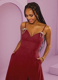 Barbie ♥ Azazie Brautjungfernkleider A-Linie mit Taschen Chiffon Kleid Granatapfelrot image2