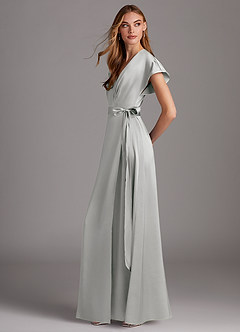 Azazie Nico Bridesmaid Dresses Silver A-Line V-Neck Stretch Satin Dress image2