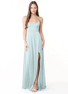 Azazie Halsey Final Sale Sea Glass A-Line Side Slit Stretch Satin Dress image1