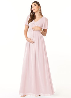Azazie Verna Zwangerschaps Bruidsmeisjekleding A-Lijn V-hals Gerimpeld Chiffon Vloerlengte Jurk image3