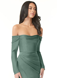 Azazie Hallie Bridesmaid Dresses Eucalyptus Sheath Off-The-Shoulder Long Sleeve Stretch Satin Convertible Dress image1
