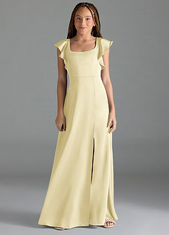 Azazie Bondi Junior Lemon Sorbet A-Line Side Slit Stretch Satin Dress image1