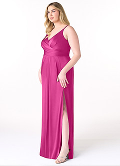 Azazie Aqua Brautjungfernkleider A-Linie V-Hals Gefaltet Stretch-Satin Kleid Fuchsia image3