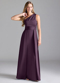 Azazie Dallas Bridesmaid Dresses Plum A-Line One Shoulder Stretch Satin Dress image1