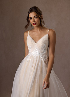Azazie Liana Wedding Dresses Diamond White Champagne A-Line V-Neck Sequins Tulle Dress image8