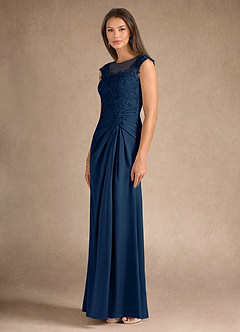 Azazie Santa Barbara Mother of the Bride Dresses Dark Navy Sheath Pleated Stretch Satin Dress image6