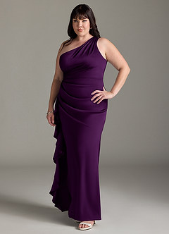 Azazie Latrice Bridesmaid Dresses Grape Sheath One Shoulder Cascading Ruffles Stretch Satin Dress image8