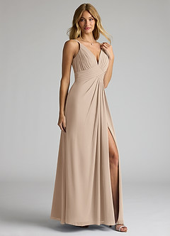 Azazie Maren Allure Bridesmaid Dresses Taupe A-Line V-Neck Lace Chiffon Dress image3