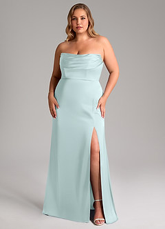 Azazie Saige Bridesmaid Dresses Sea Glass Sheath Off the Shoulder Stretch Satin Dress image16