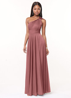 Azazie Charlize Bridesmaid Dresses Desert Rose A-Line One Shoulder Mesh Dress image3