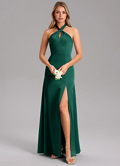 Azazie Tracie Bridesmaid Dresses Emerald A-Line Side Slit Stretch Satin Dress image1