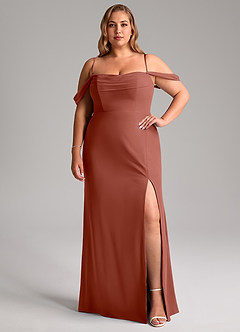 Azazie Saige Vestidos de madrinha de casamento Vestir Castanho Aloirado de Chiffon de Linha A com Fora do ombro image13