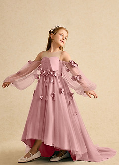 Azazie Karrie Flower Girl Dresses Dusty Rose A-Line with Sleeves Tulle Dress image5