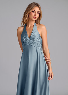 Azazie Tessie Vestidos de damas de honor Vestido de Azul Polvoriento de Satén Elástico de Corte en A con Plisado image3