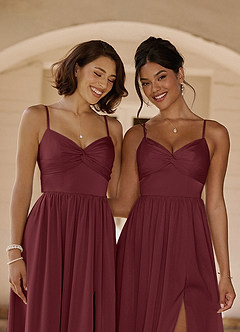 Azazie Zeya Bridesmaid Dresses Merlot A-Line Pleated Stretch Satin Dress image2