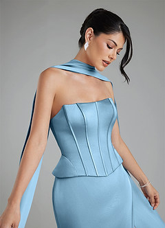 Azazie River At-home Try On Dresses Steel Blue Sheath Corset Stretch Satin Convertible Dress image11