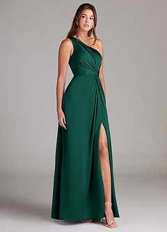 Azazie Brooke Bridesmaid Dresses Emerald A-Line One Shoulder Stretch Satin Dress image1