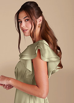 Azazie Daphne Modest Bridesmaid Dresses A-Line Ruched Metallic Satin Floor-Length Dress image5