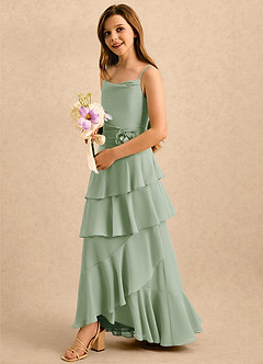 Azazie Indiah Girls Formal Blomsterpigekjoler A-Line Rynket Chiffon Gulv-længde Kjole image4
