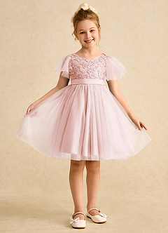 Azazie Queenie Robe Demoiselle D'honneur Fillette Robe Trapèze en Dentelle Rose Pâle image1