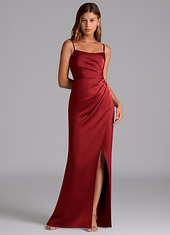 Azazie Calandra Robes de demoiselle d'honneur Robe Trapèze en Satin extensible Plissée Écarlate image1