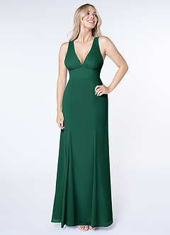 Azazie Christiana Bridesmaid Dresses Emerald A-Line V-Neck Pleated Chiffon Dress image1