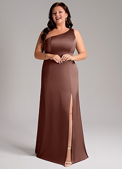 Azazie Phaedra Bridesmaid Dresses Espresso A-Line One Shoulder Stretch Satin Dress image13