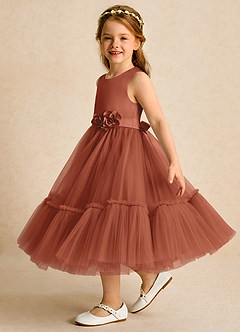 Azazie Miracle Blumenmädchenkleider A-Linie Schleifen Matte Satin Kleid Rotbraun image3
