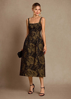 Azazie Auster vestidos de madre de la novia Vestido de Oro Negro de Jacquard de Corte En A con Con bolsillos image3