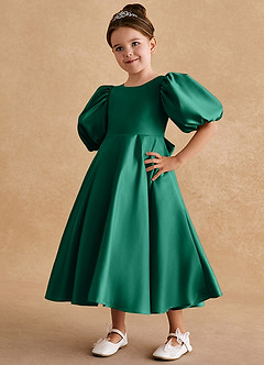 Azazie Sugarplum Flower Girl Dresses Emerald A-Line with Sleeves Matte Satin Dress image4