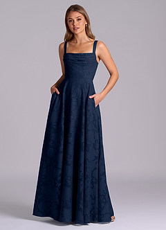 Azazie Shaude Bridesmaid Dresses Dark Navy A-Line Pleated Floral Burnout Dress image1