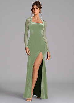 Azazie Megan Bridesmaid Dresses Dusty Sage Mermaid Long Sleeve Mesh Dress image4
