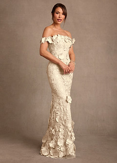 Azazie Lotta Mother of the Bride Dresses Champagne Mermaid Off the Shoulder Lace Dress image3