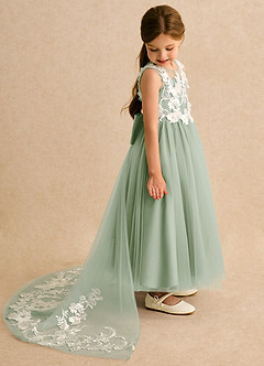 Azazie Mixie Flower Girl Dresses Dusty Sage Ball-Gown Lace Dress image3