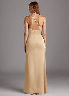 Azazie Mika Bridesmaid Dresses Champagne Sheath One Shoulder Stretch Satin Dress image2