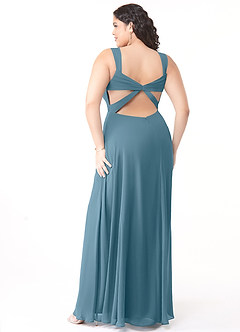 Azazie Nahrin Brautjungfernkleider A-Linie V-Hals Gefaltet Chiffon Kleid Bermudablau image10
