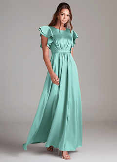 Azazie Daphne Modest Bridesmaid Dresses A-Line Ruched Stretch Satin Floor-Length Dress image1