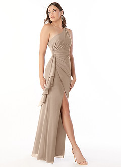 Azazie Maive Bridesmaid Dresses Taupe Sheath Pleated Ruffle Chiffon Dress image4