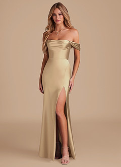 Azazie Saige Bridesmaid Dresses Champagne A-Line Off the Shoulder Metallic Satin Convertible Dress image1